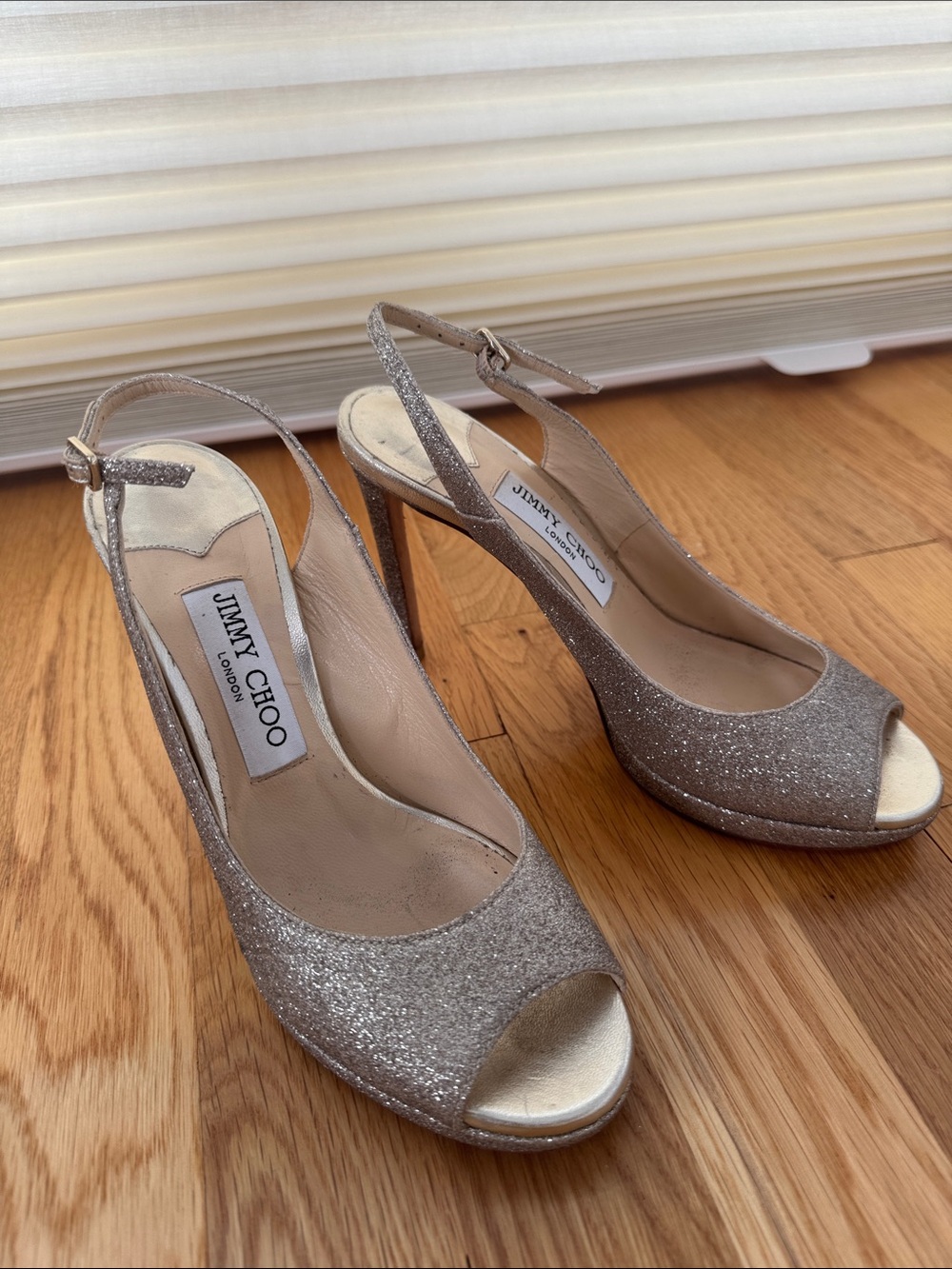 Jimmy Choo Glitter Open-Toe Slingback Heels in Champagne